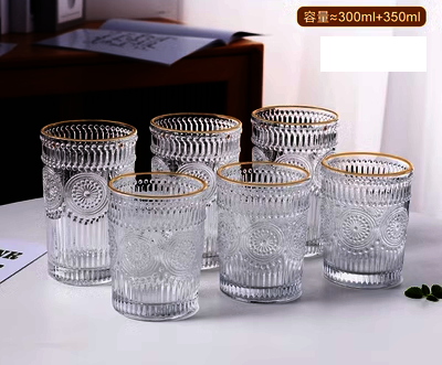 熱推太陽花玻璃水杯(規格:  金邊太陽花矮杯*3+金邊太陽花高杯*3）