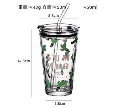 熱推玻璃杯帶蓋吸管水杯(規格:仙人掌+蓋+玻璃吸管+管刷）
