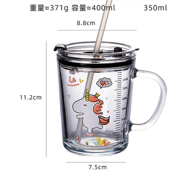 熱推玻璃杯帶蓋吸管水杯(規格:獨角獸把杯+蓋+矽膠軟管+管刷）