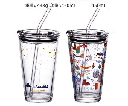 熱推玻璃杯帶蓋吸管水杯(規格:【2只裝】流星雨+塗鴉款）