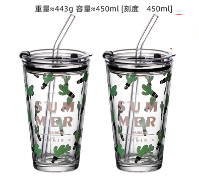 熱推玻璃杯帶蓋吸管水杯(規格:【2只裝】仙人掌）