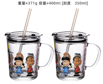 熱推玻璃杯帶蓋吸管水杯(規格:【2只裝帶把】史努比）