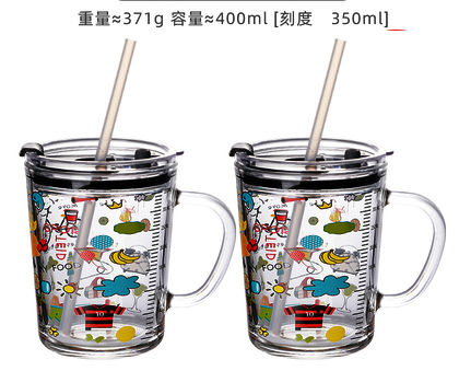 熱推玻璃杯帶蓋吸管水杯(規格:【2只裝帶把】晴天款）