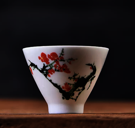 Popular white porcelain bamboo hat cup Kung Fu small tea cup (-Plum Blossom) 6.8*5CM80ML