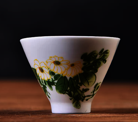 Popular white porcelain bamboo hat cup Kung Fu small tea cup (chrysanthemum) 6.8*5CM80ML