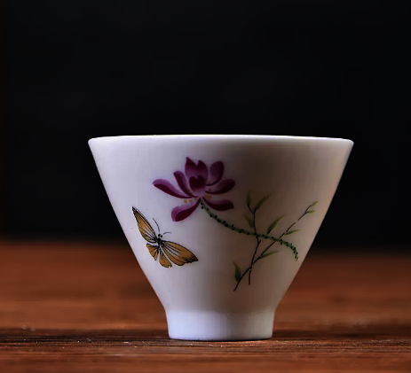 Popular white porcelain bamboo hat cup Kung Fu tea cup (peony) 6.8*5CM80ML