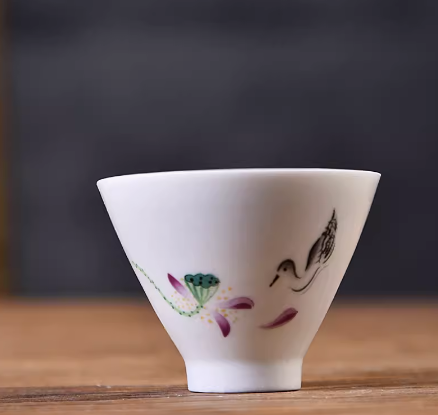 Popular white porcelain bamboo hat cup Kung Fu small tea cup (Mandarin Duck Playing with Lotus) 6.8*5CM80ML