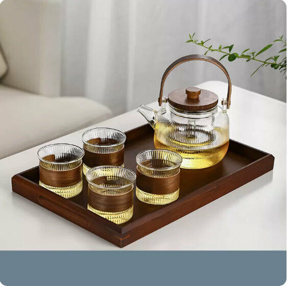 爆款家用耐熱玻璃茶具套裝【豎紋《素影》煮茶提梁壺+4個豎紋主人杯+胡桃木長方托盤】