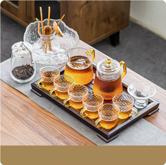 爆款家用辦公室玻璃壺茶具套裝【錘紋《雅緻》10件套+茶道+茶葉罐+茶洗+胡桃色《平板》排水竹盤】