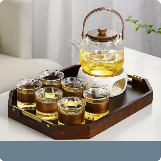 爆款家用耐熱玻璃茶具套裝【豎紋《素影》煮茶提梁壺+6個豎紋主人杯+胡桃木八角長方托盤+蠟燭臺】