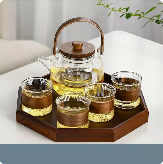 爆款家用耐熱玻璃茶具套裝【豎紋《素影》煮茶提梁壺+4個豎紋主人杯+胡桃木八角形托盤】