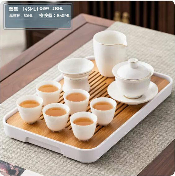 爆款家用簡約陶瓷茶具套裝【羊脂玉瓷《蓋碗》金絲10件套+大長方密胺盤（白）】