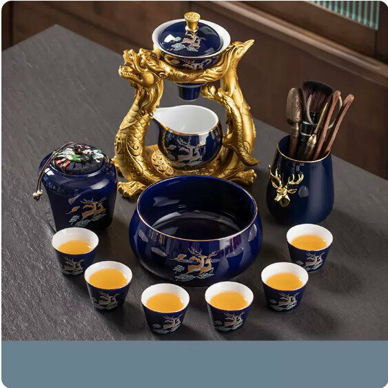 爆款家用功夫茶具套裝【麋鹿霽藍《龍鳳呈祥》自動茶具+茶道+茶葉罐+茶洗】