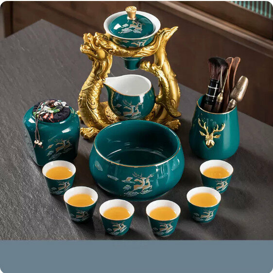 爆款家用功夫茶具套裝【麋鹿孔雀綠《龍鳳呈祥》自動茶具+茶道+茶葉罐+茶洗】