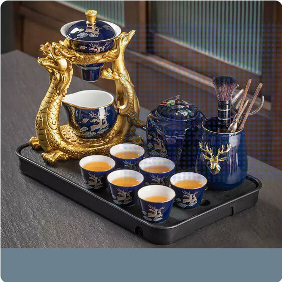爆款家用功夫茶具套裝【麋鹿霽藍《龍鳳呈祥》自動茶具+茶道+茶葉罐+大長方烏金磁石流窗盤】