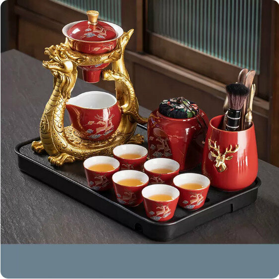 爆款家用功夫茶具套裝【麋鹿中國紅《龍鳳呈祥》自動茶具+茶道+茶葉罐+大長方烏金磁石流窗盤】