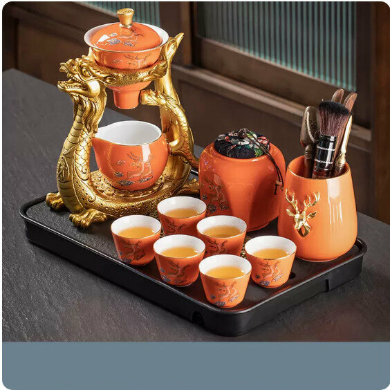 爆款家用功夫茶具套裝【麋鹿活力橙《龍鳳呈祥》自動茶具+茶道+茶葉罐+大長方烏金磁石流窗盤】