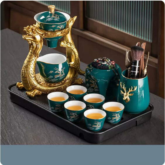 爆款家用功夫茶具套裝【麋鹿孔雀綠《龍鳳呈祥》自動茶具+茶道+茶葉罐+大長方烏金磁石流窗盤】