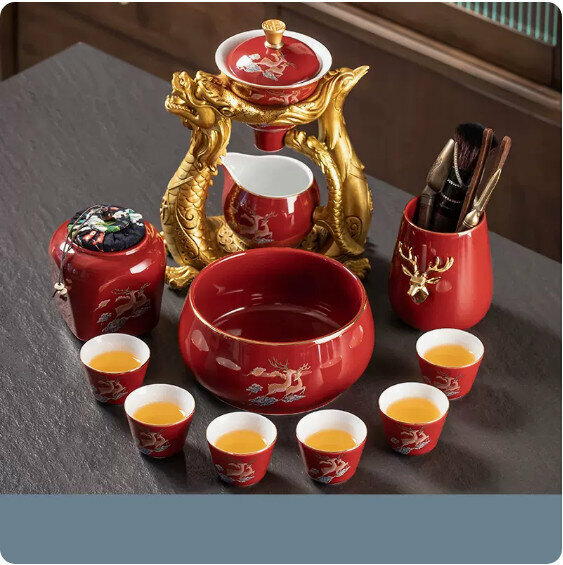 爆款家用功夫茶具套裝【麋鹿中國紅《龍鳳呈祥》自動茶具+茶道+茶葉罐+茶洗】