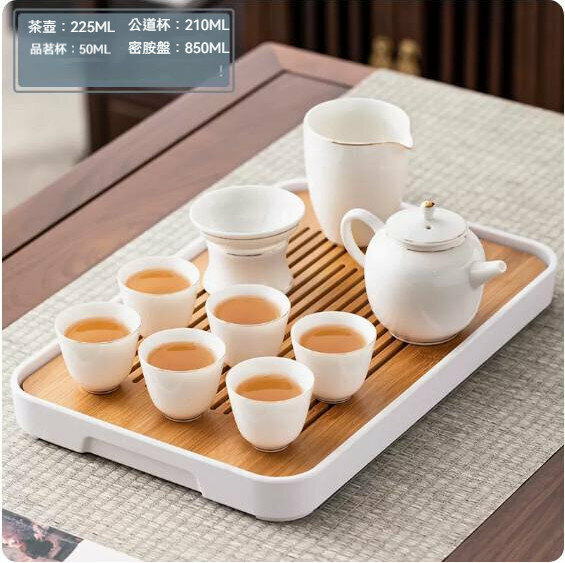 爆款家用簡約陶瓷茶具套裝【羊脂玉瓷《圓趣壺》金絲10件套 +大長方密胺盤（白）】