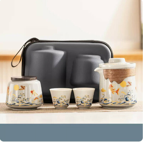 爆款戶外便攜式茶具套裝【草木灰《錦鯉報福》一壺二杯+茶葉罐】