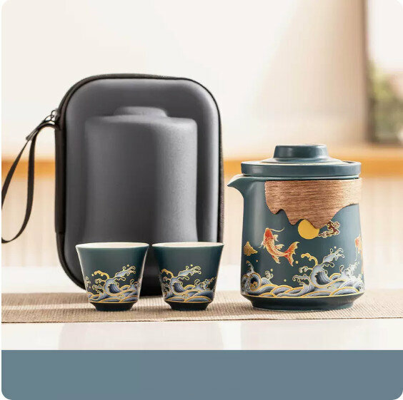 爆款戶外便攜式茶具套裝【霽藍《錦鯉報福》一壺二杯】