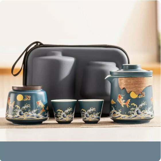 爆款戶外便攜式茶具套裝【霽藍《錦鯉報福》一壺二杯+茶葉罐】