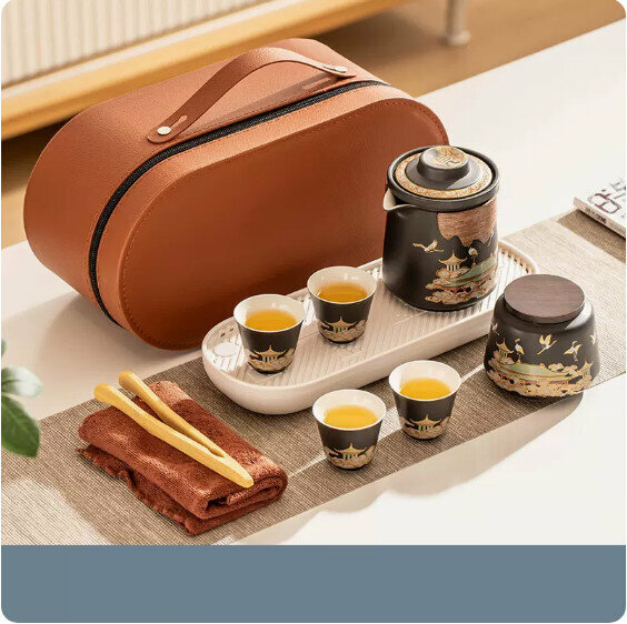爆款戶外便攜式茶具套裝【雅黑《瑞鶴呈祥》一壺四杯+茶葉罐+茶盤-橢圓棕皮包+茶巾茶夾】