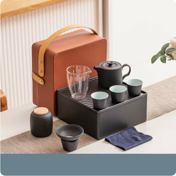爆款戶外便攜式茶具套裝【黑色《禾瑞》一壺三杯+黑方形茶盤】