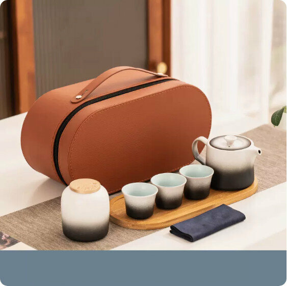 爆款戶外便攜式茶具套裝【黑白漸變《禾瑞》一壺三杯+橢圓竹托盤】