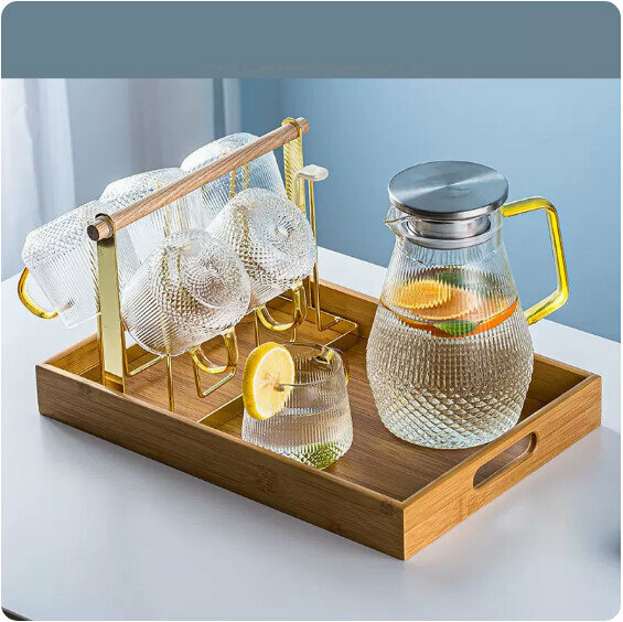 爆款家用玻璃耐高溫泡茶壺紮壺水杯套裝【金色《半夏》涼水壺1.5L+6杯+金色高杯架+手拉托盤】