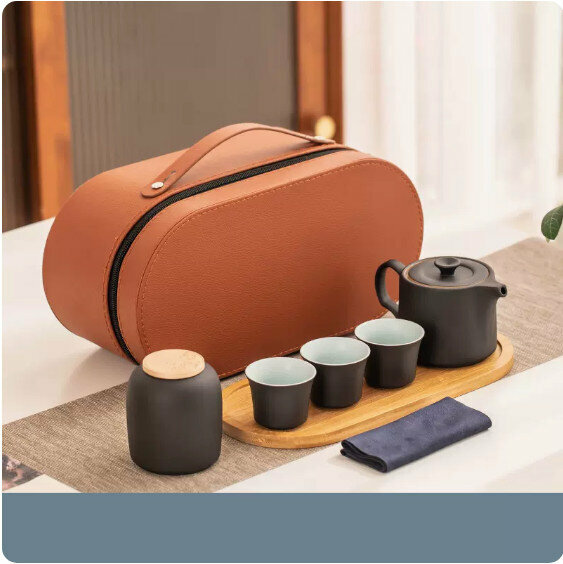 爆款戶外便攜式茶具套裝【黑色《禾瑞》一壺三杯+橢圓竹托盤】
