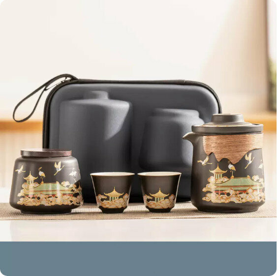 爆款戶外便攜式茶具套裝【雅黑《瑞鶴呈祥》一壺二杯旅行茶具+茶葉罐】