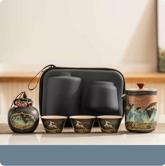 爆款戶外便攜式茶具套裝【雅黑《萬裏江山》一壺三杯+茶葉罐+便攜包】