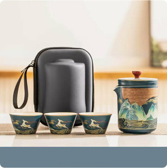 爆款戶外便攜式茶具套裝【霽藍《萬裏江山》一壺三杯+便攜包】