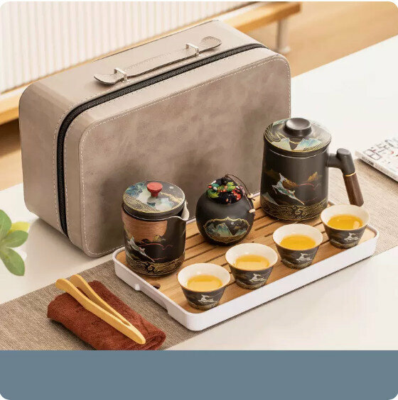 爆款戶外便攜式茶具套裝【雅黑《萬裏江山》一壺4杯+茶葉罐+辦公杯+茶盤+旅行包+茶巾茶夾】