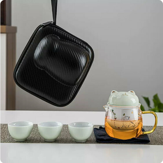 爆款戶外便攜式茶具套裝【青色《萌貓》一壺三杯玻璃】