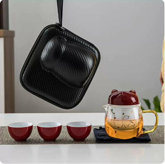 爆款戶外便攜式茶具套裝【霽紅《萌貓》一壺三杯玻璃】