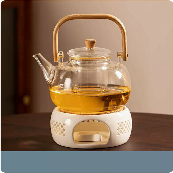 Popular candle stove tea making set [white "Linglong Drum" candle holder + candle spoon + bamboo handle teapot]