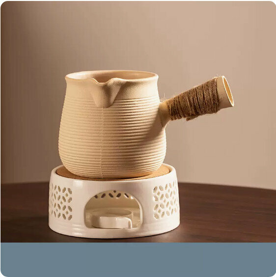 Popular candle tea-making set by the stove [white "Linglong Slope" candle holder + candle spoon + striped moon-shaped side handle pot]