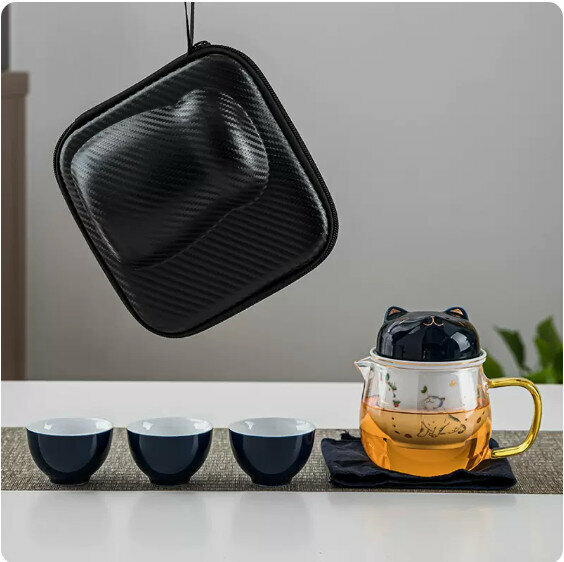 爆款戶外便攜式茶具套裝【霽藍《萌貓》一壺三杯玻璃】