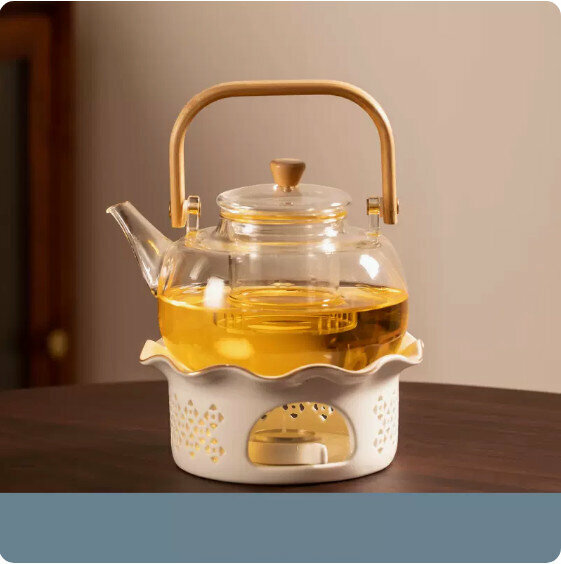 Hot-selling candle fireside tea-making set [white gold-painted "Linglong Lotus Leaf" candle holder + candle spoon + bamboo handle teapot]