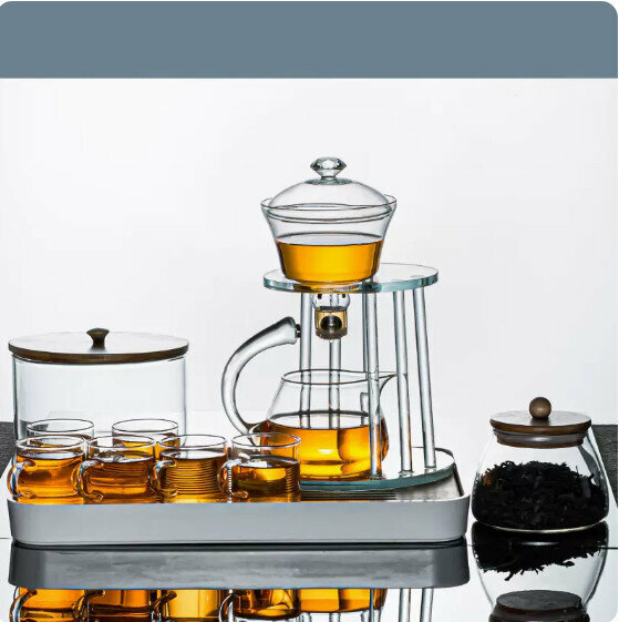 爆款家用辦公室玻璃茶具套裝【亮色《擎天之柱》透明杯+圓潤罐+竹蓋茶洗+大長方密胺盤】