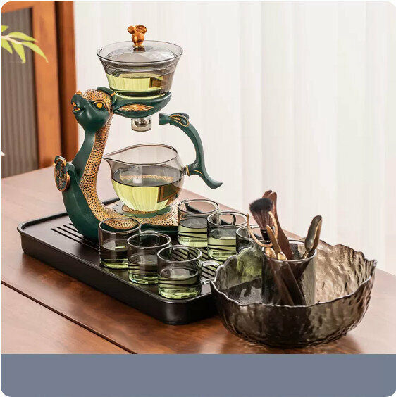 爆款家用玻璃茶具套裝【青灰《錢兔似錦》7件套+茶洗+茶道+大長方黑密胺盤】