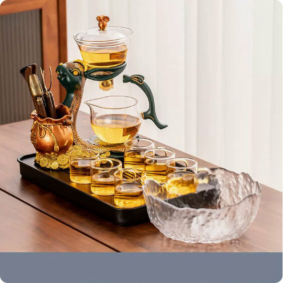 爆款家用玻璃茶具套裝【透明《錢兔似錦》7件套+茶洗+大長方黑密胺盤】