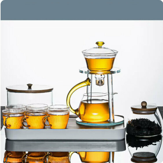 爆款家用辦公室玻璃茶具套裝【金色《南天門》豎紋杯+圓潤罐+竹蓋茶洗+大長方密胺盤】