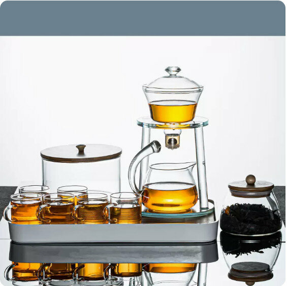 爆款家用辦公室玻璃茶具套裝【亮色《南天門》透明杯+圓潤罐+竹蓋茶洗+大長方密胺盤】