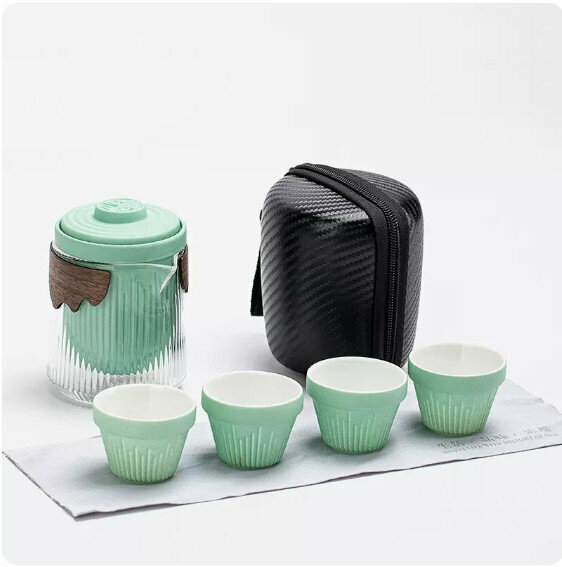 爆款戶外便攜式茶具套裝【草綠《連理》一壺四杯】