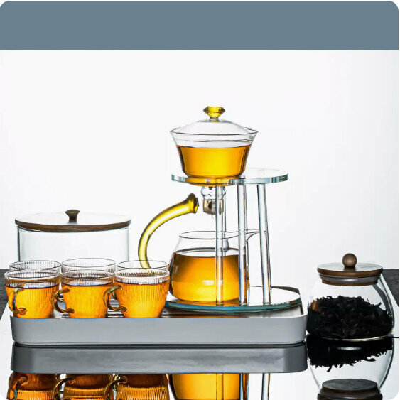 爆款家用辦公室玻璃茶具套裝【金色《擎天之柱》豎紋杯+圓潤罐+竹蓋茶洗+大長方密胺盤】