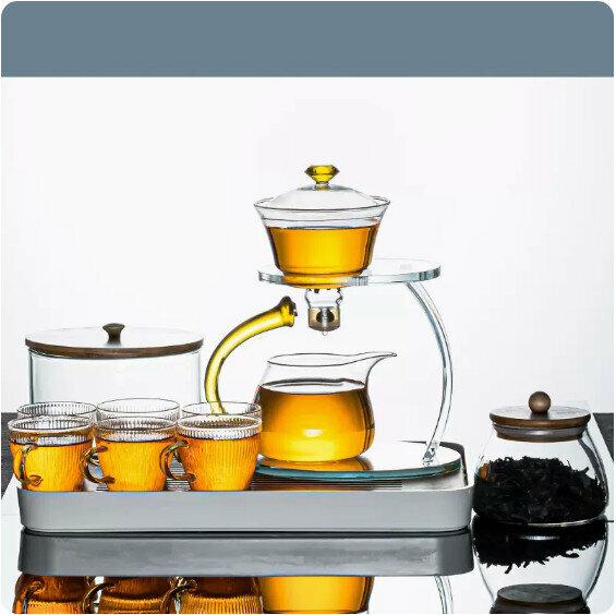 爆款家用辦公室玻璃茶具套裝【金色《一輪明月》豎紋杯+圓潤罐+竹蓋茶洗+大長方密胺盤】
